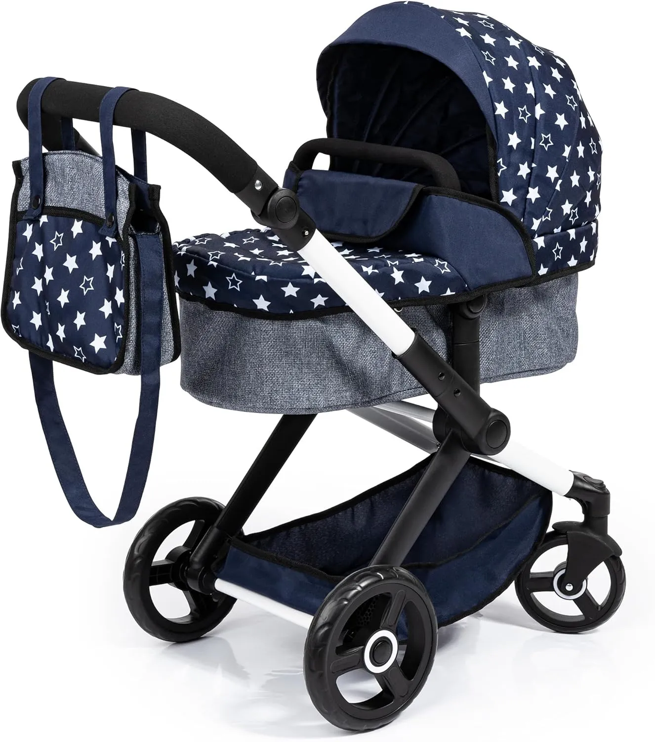 Bayer Design Dolls: Pram Xeo - Blue & White Stars - Dolls Up to 18", Shoulder Bag, Convertible to Pushchair, Adjustable Handle, Foldable, Kids Ages 3 