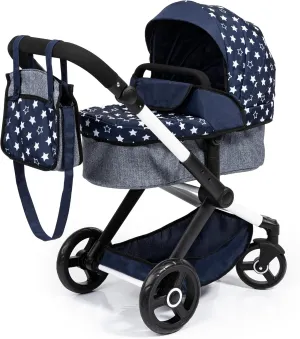 Bayer Design Dolls: Pram Xeo - Blue & White Stars - Dolls Up to 18", Shoulder Bag, Convertible to Pushchair, Adjustable Handle, Foldable, Kids Ages 3 