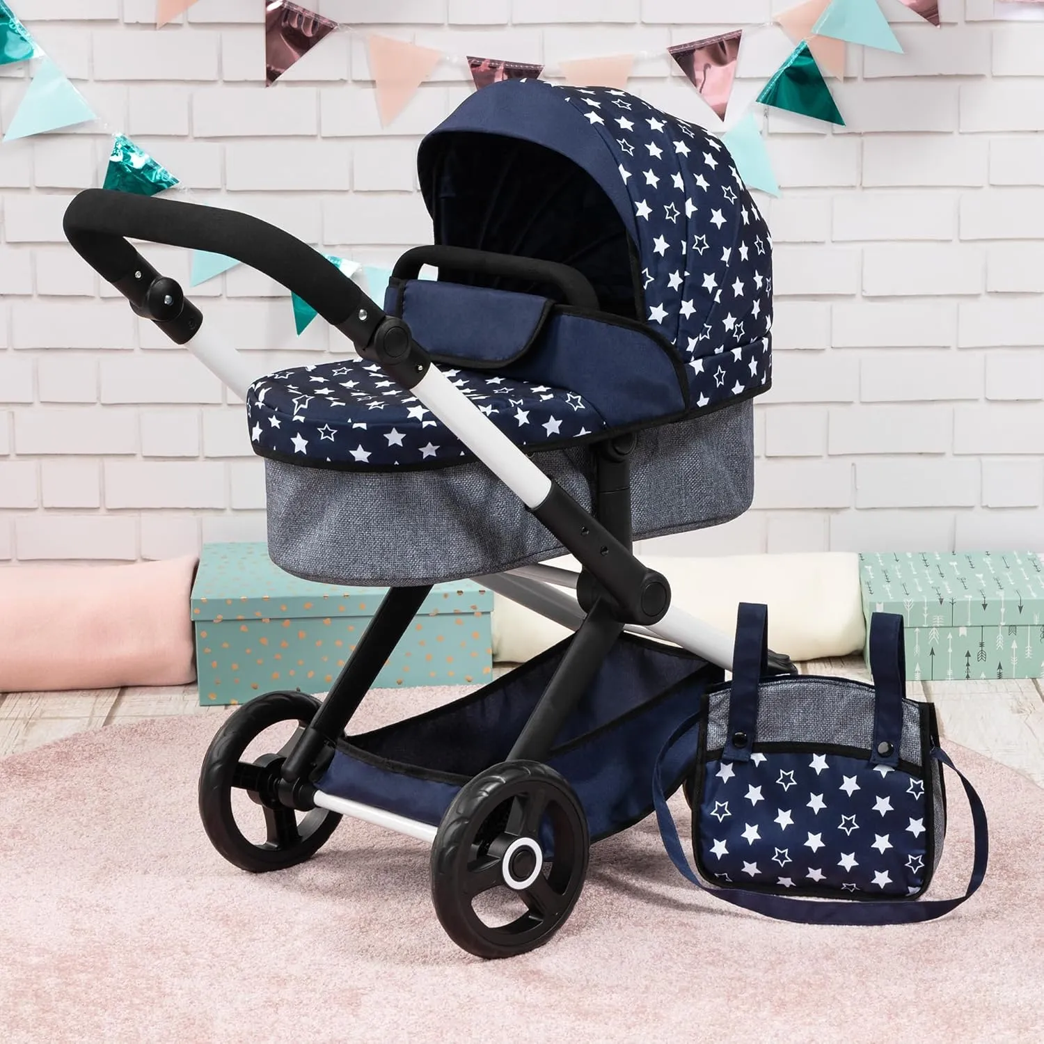 Bayer Design Dolls: Pram Xeo - Blue & White Stars - Dolls Up to 18", Shoulder Bag, Convertible to Pushchair, Adjustable Handle, Foldable, Kids Ages 3 