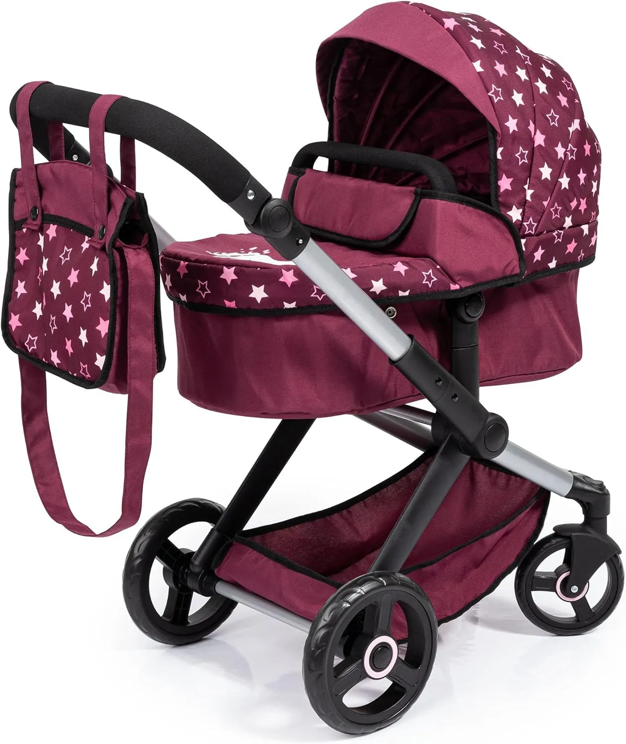 Bayer Design Dolls: Pram Xeo - Burgundy, White Stars, Unicorn - Dolls Up to 18", Shoulder Bag, Convertible to Pushchair, Foldable, Kids Toy, Ages 3 