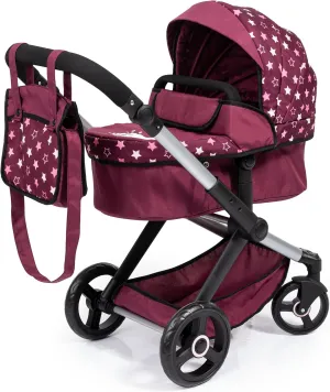 Bayer Design Dolls: Pram Xeo - Burgundy, White Stars, Unicorn - Dolls Up to 18", Shoulder Bag, Convertible to Pushchair, Foldable, Kids Toy, Ages 3 