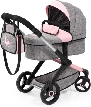 Bayer Design Dolls: Pram Xeo: Butterfly Grey & Pink - Matching Handbag, Adjustable Handle, for Dolls Up to 20", Ages 3 
