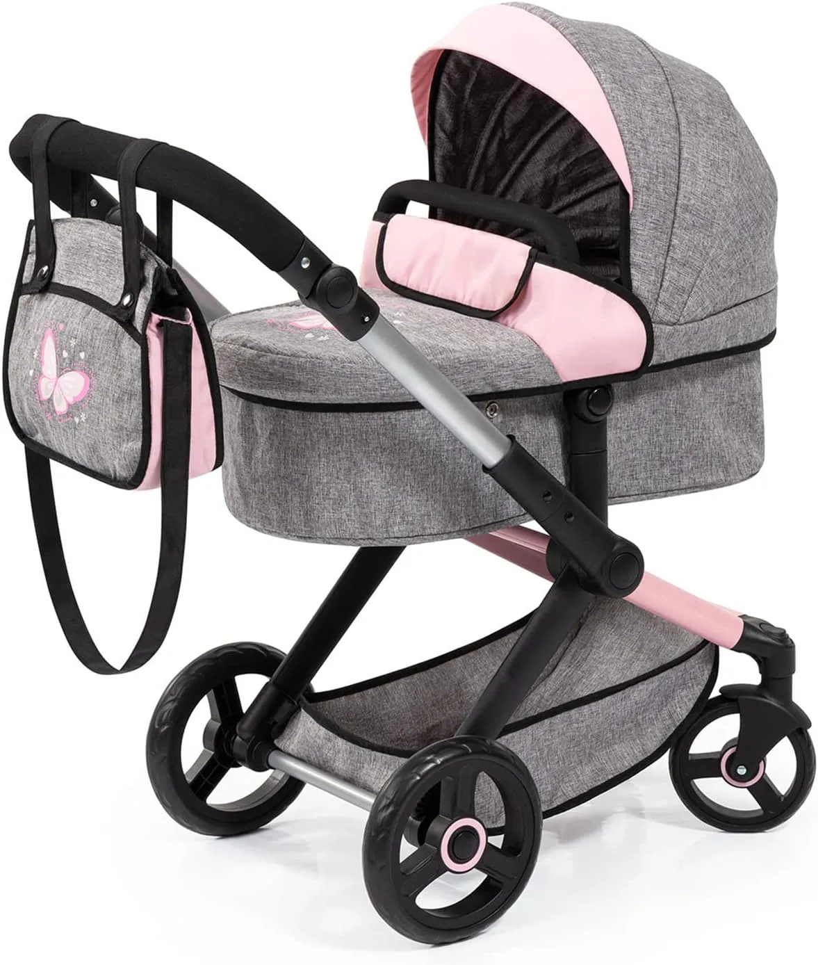 Bayer Design Dolls: Pram Xeo: Butterfly Grey & Pink - Matching Handbag, Adjustable Handle, for Dolls Up to 20", Ages 3 