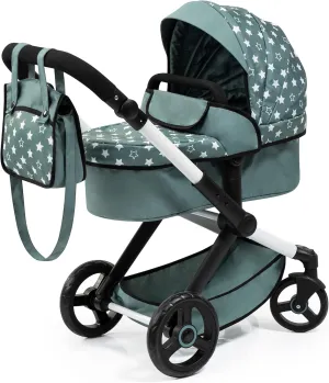 Bayer Design Dolls: Pram Xeo: Stars Green & White - Matching Handbag, Adjustable Handle, for Dolls Up to 20", Ages 3 