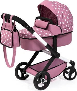 Bayer Design Dolls: Xeo Pram - Pink, White, Stars - Dolls Up to 18", Shoulder Bag, Convertible to Pushchair, Adjustable Handle, Foldable, Kids Ages 3 