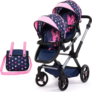 Bayer Design Dolls: Xeo Twin Pram: Stars Navy & Pink - Matching Handbag, Adjustable Handle, Dolls Up to 20", Ages 3 