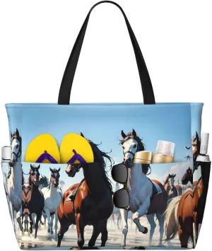 Beach Bag for Women, Waterproof Sandproof Beach Pool Travel Duffel Bags with 7 Pockets, Large Capacity Shoulder Tote Bag for Gym Travel Vacation Essential, Horses Crossing River