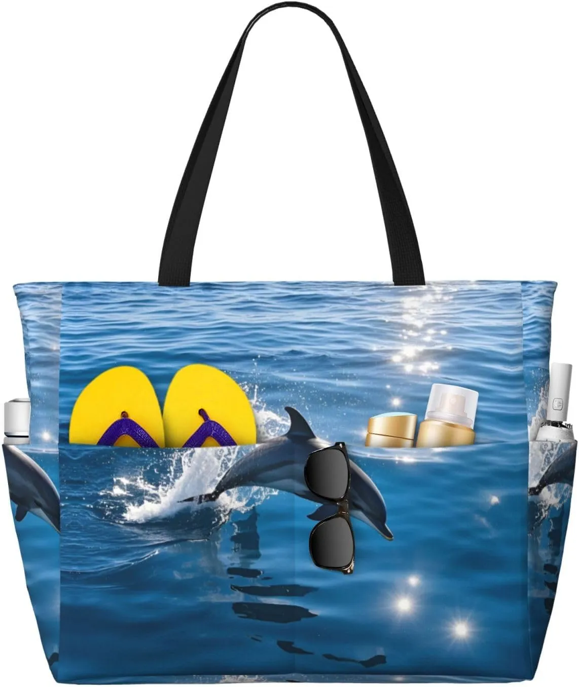 Beach Bag for Women, Waterproof Sandproof Beach Pool Travel Duffel Bags with 7 Pockets, Large Capacity Shoulder Tote Bag for Gym Travel Vacation Essential, Ocean Cute Dolphin Leap Out