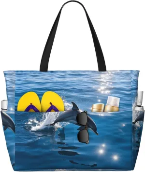 Beach Bag for Women, Waterproof Sandproof Beach Pool Travel Duffel Bags with 7 Pockets, Large Capacity Shoulder Tote Bag for Gym Travel Vacation Essential, Ocean Cute Dolphin Leap Out