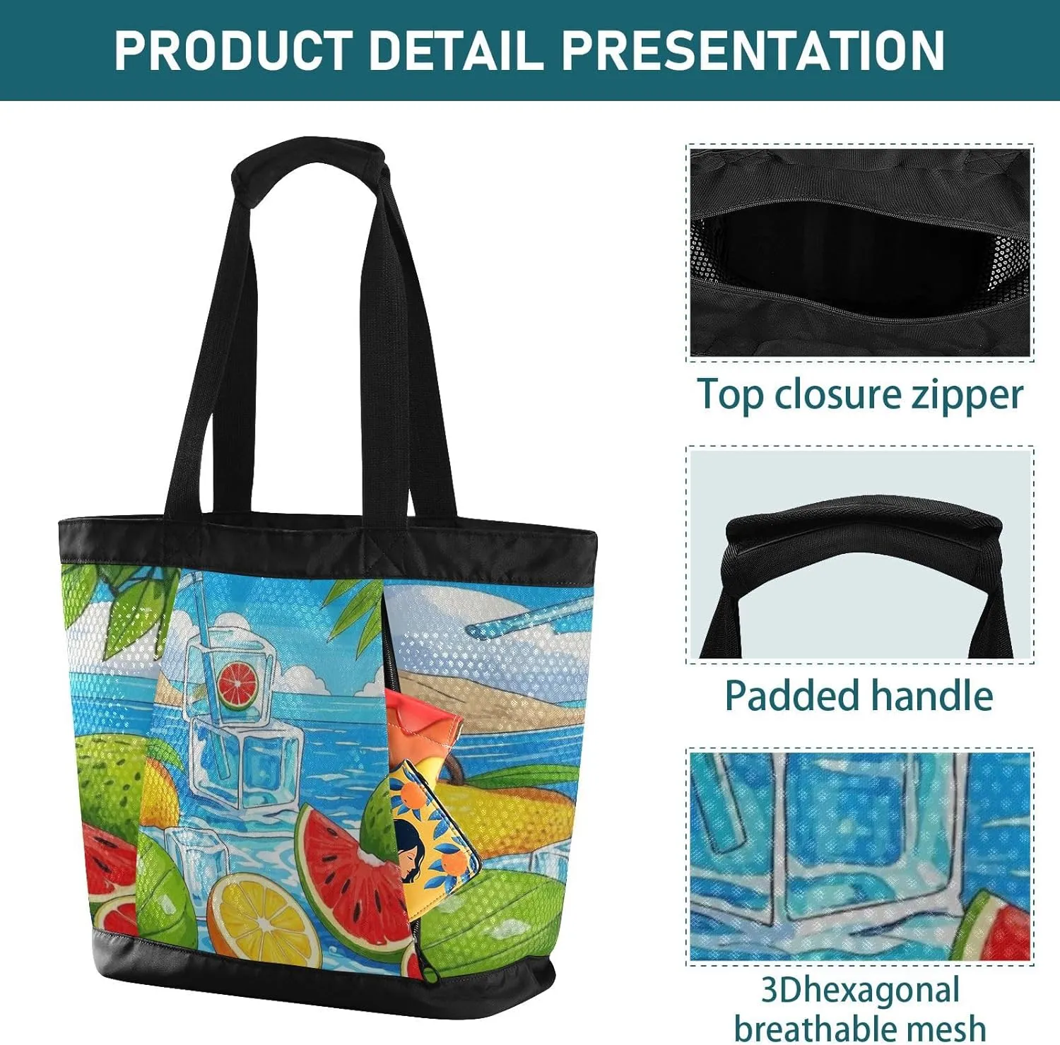 Beach Bag for Women Waterproof Sandproof Mesh Beach Tote Bag with Zipper and Pockets 1A