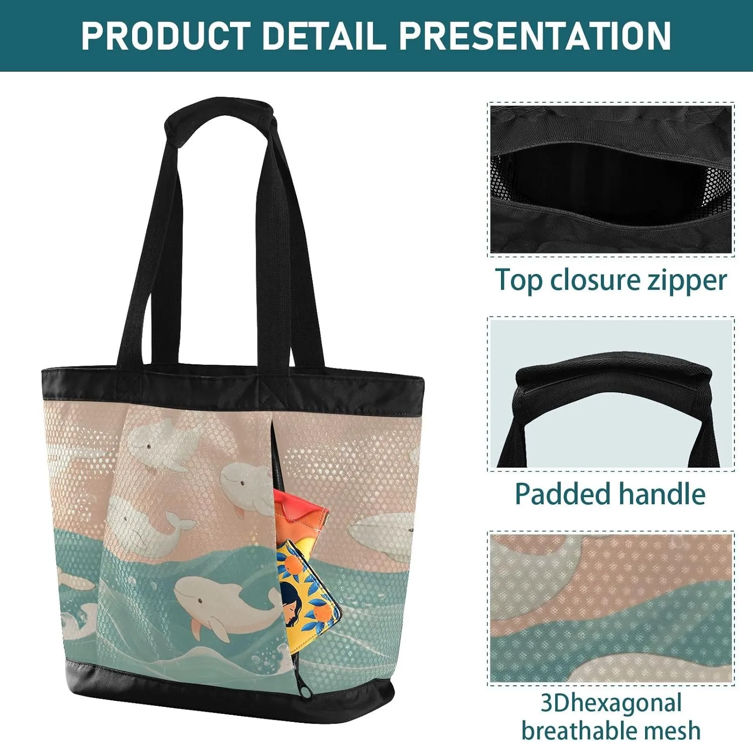 Beach Bag for Women Waterproof Sandproof Mesh Beach Tote Bag with Zipper and Pockets 1G
