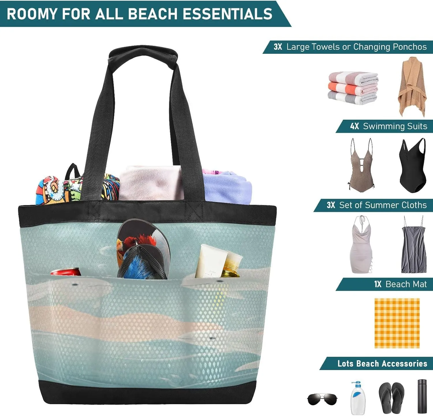 Beach Bag for Women Waterproof Sandproof Mesh Beach Tote Bag with Zipper and Pockets 1G