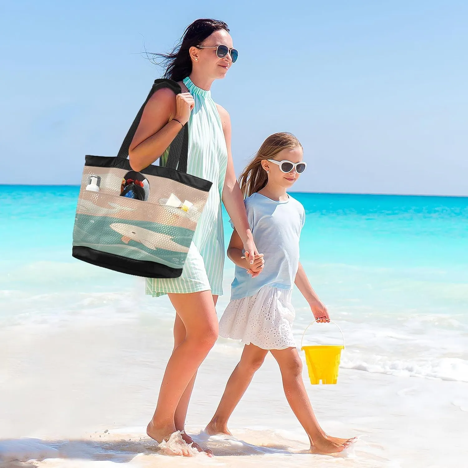 Beach Bag for Women Waterproof Sandproof Mesh Beach Tote Bag with Zipper and Pockets 1G