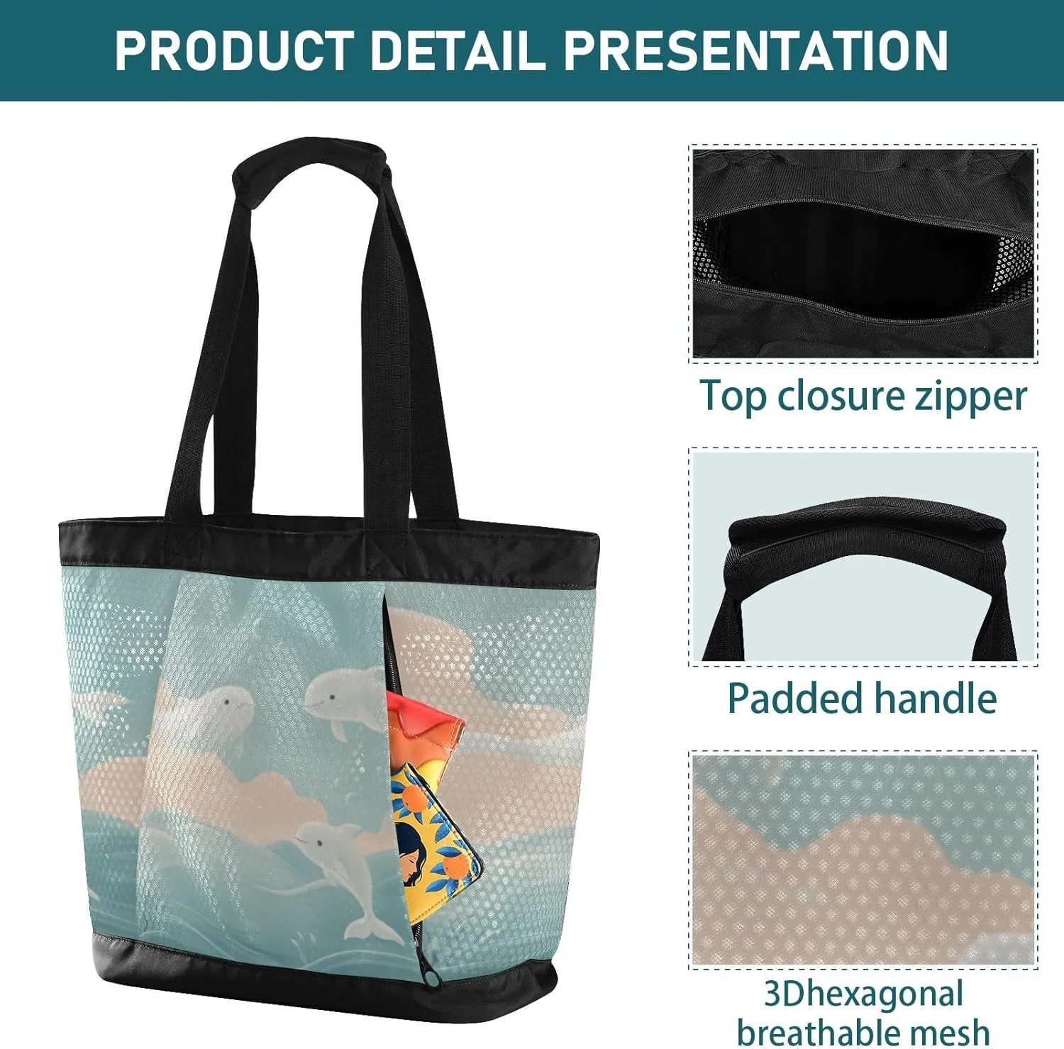 Beach Bag for Women Waterproof Sandproof Mesh Beach Tote Bag with Zipper and Pockets 1G