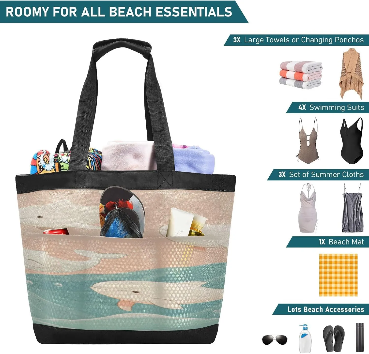 Beach Bag for Women Waterproof Sandproof Mesh Beach Tote Bag with Zipper and Pockets 1G