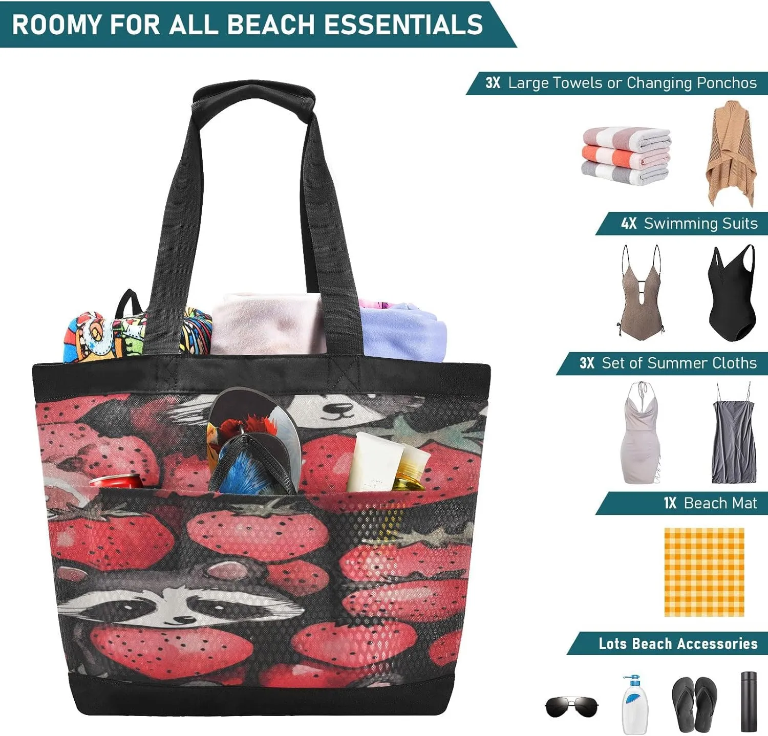 Beach Bag for Women Waterproof Sandproof Mesh Beach Tote Bag with Zipper and Pockets 1G
