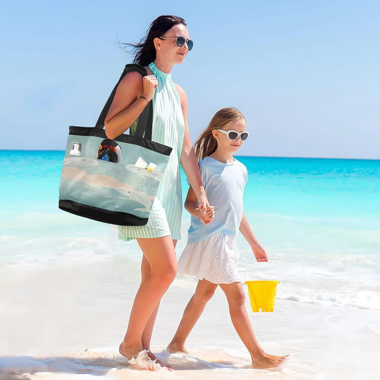 Beach Bag for Women Waterproof Sandproof Mesh Beach Tote Bag with Zipper and Pockets 1G