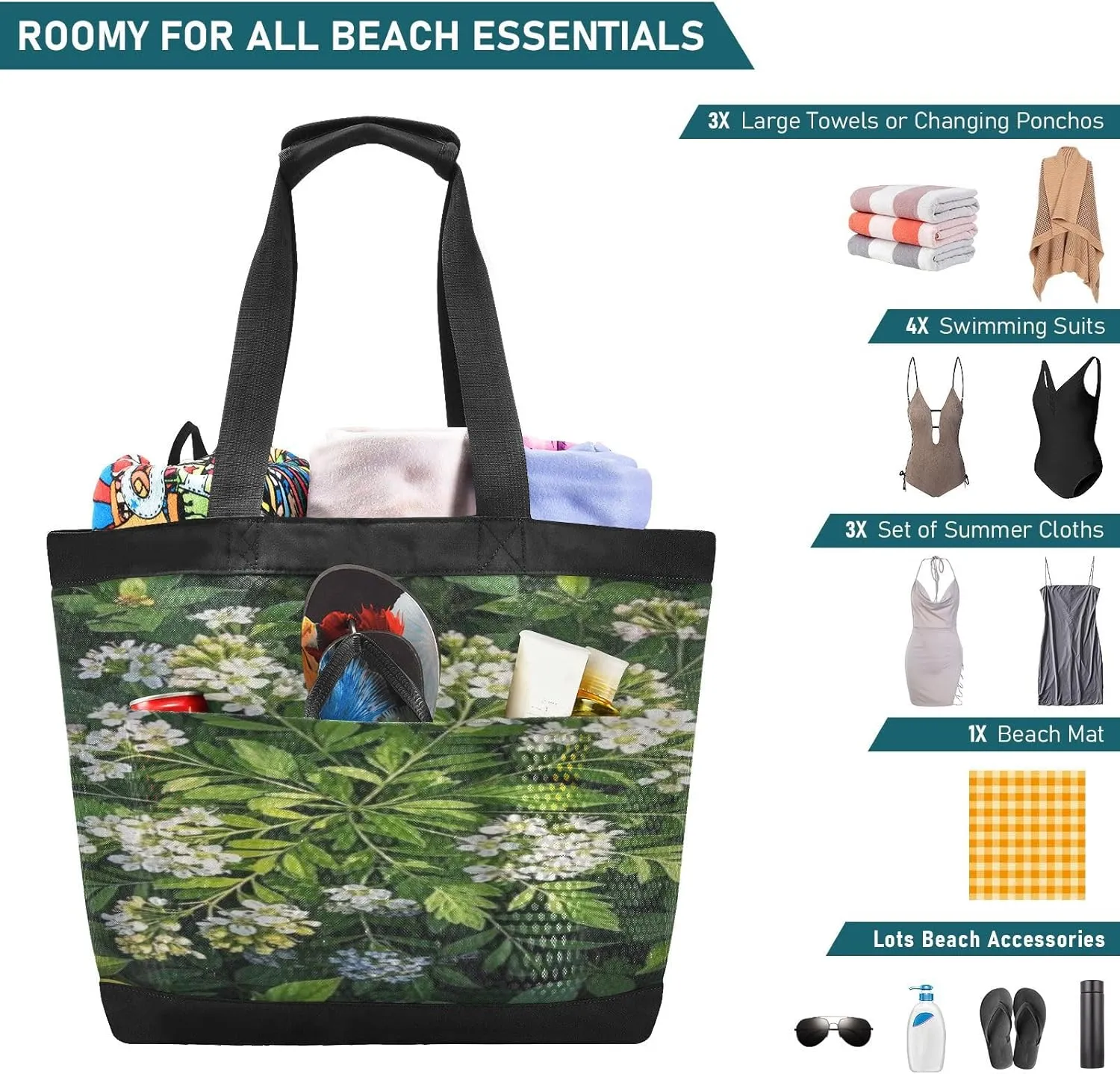 Beach Bag for Women Waterproof Sandproof Mesh Beach Tote Bag with Zipper and Pockets 200