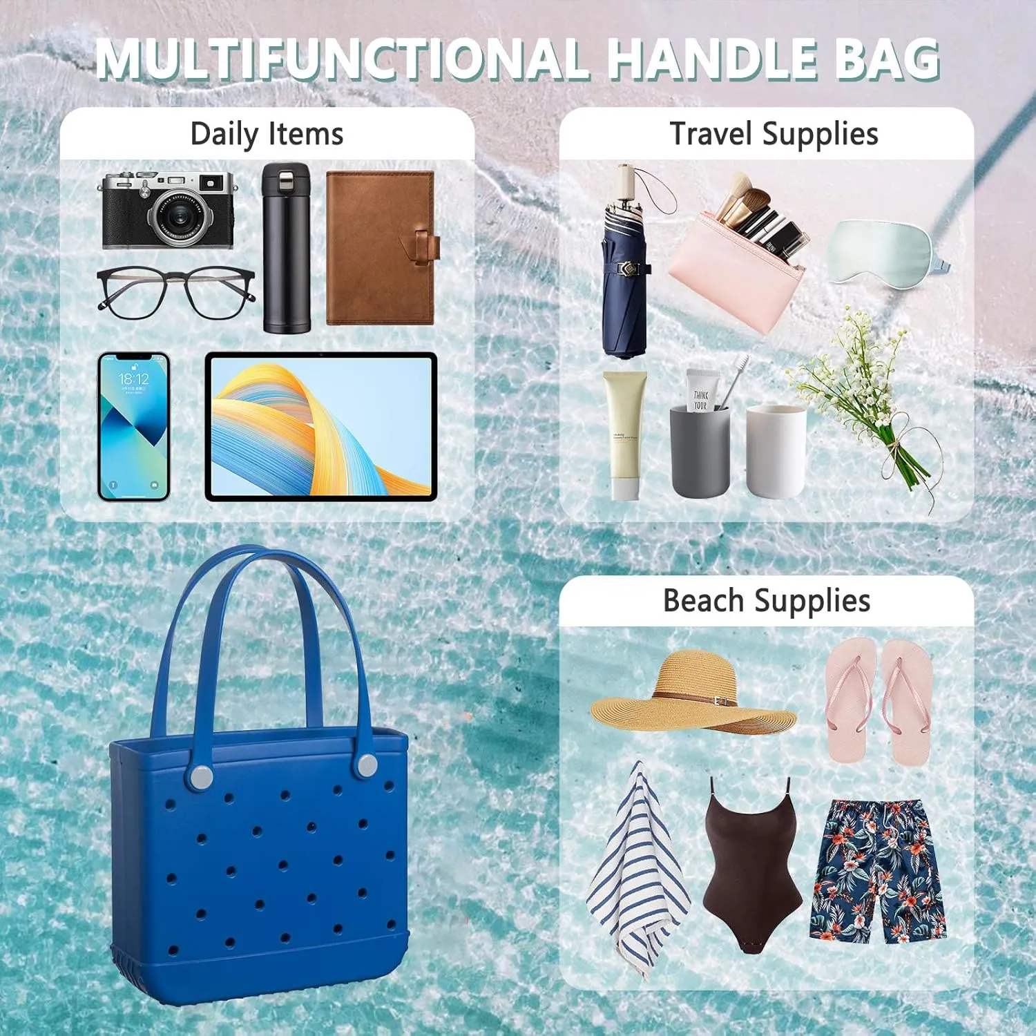 Beach Bag Rubber Small Tote Bag, Fashion Travel Bag for Women, Waterproof Handbag for Sports, Pool, Beach