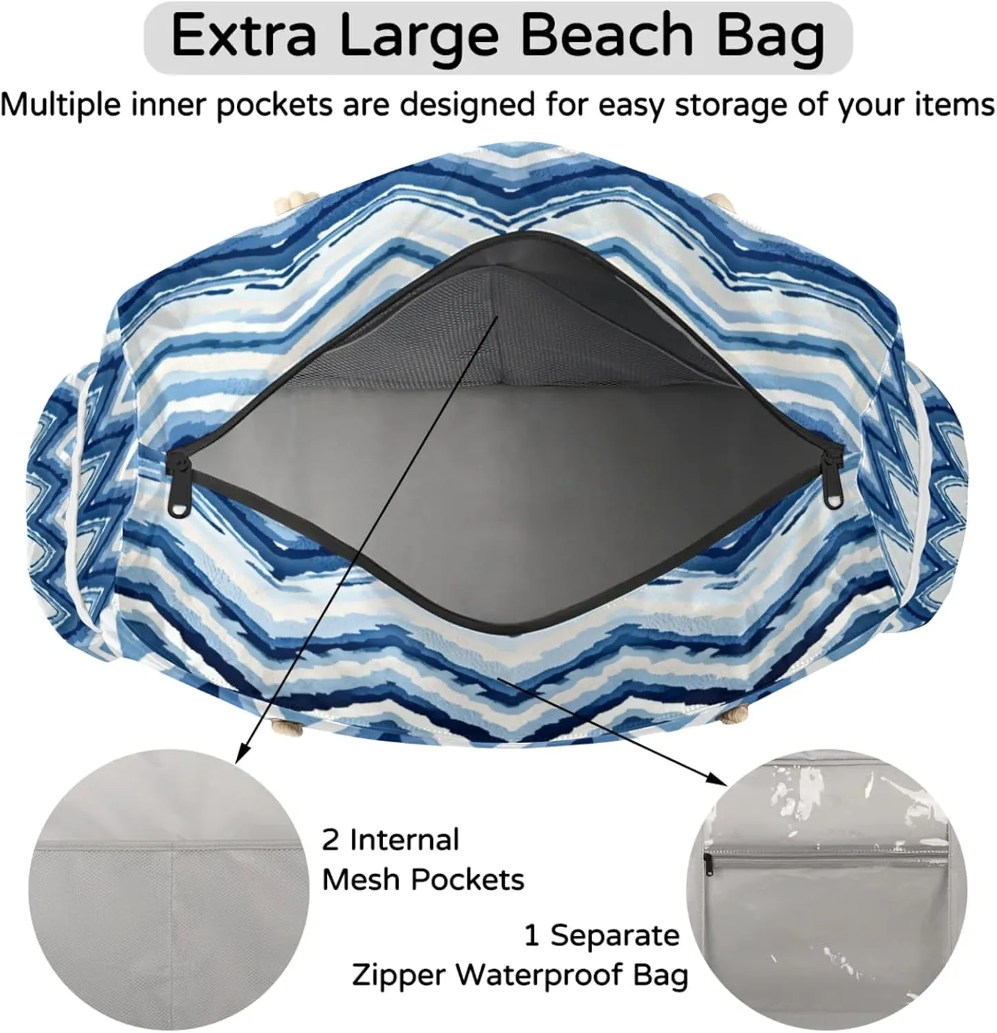 Beach Bags for Women Large Beach Tote Bag, Waterproof Sandproof Swim Pool Bag with Zipper