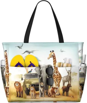 Beach Bags For Women Large Waterproof Sandproof Beach Tote Bag Lightweight Zipper Carry On Bag Animal Safari Pool Bag For Gym Travel Vocation