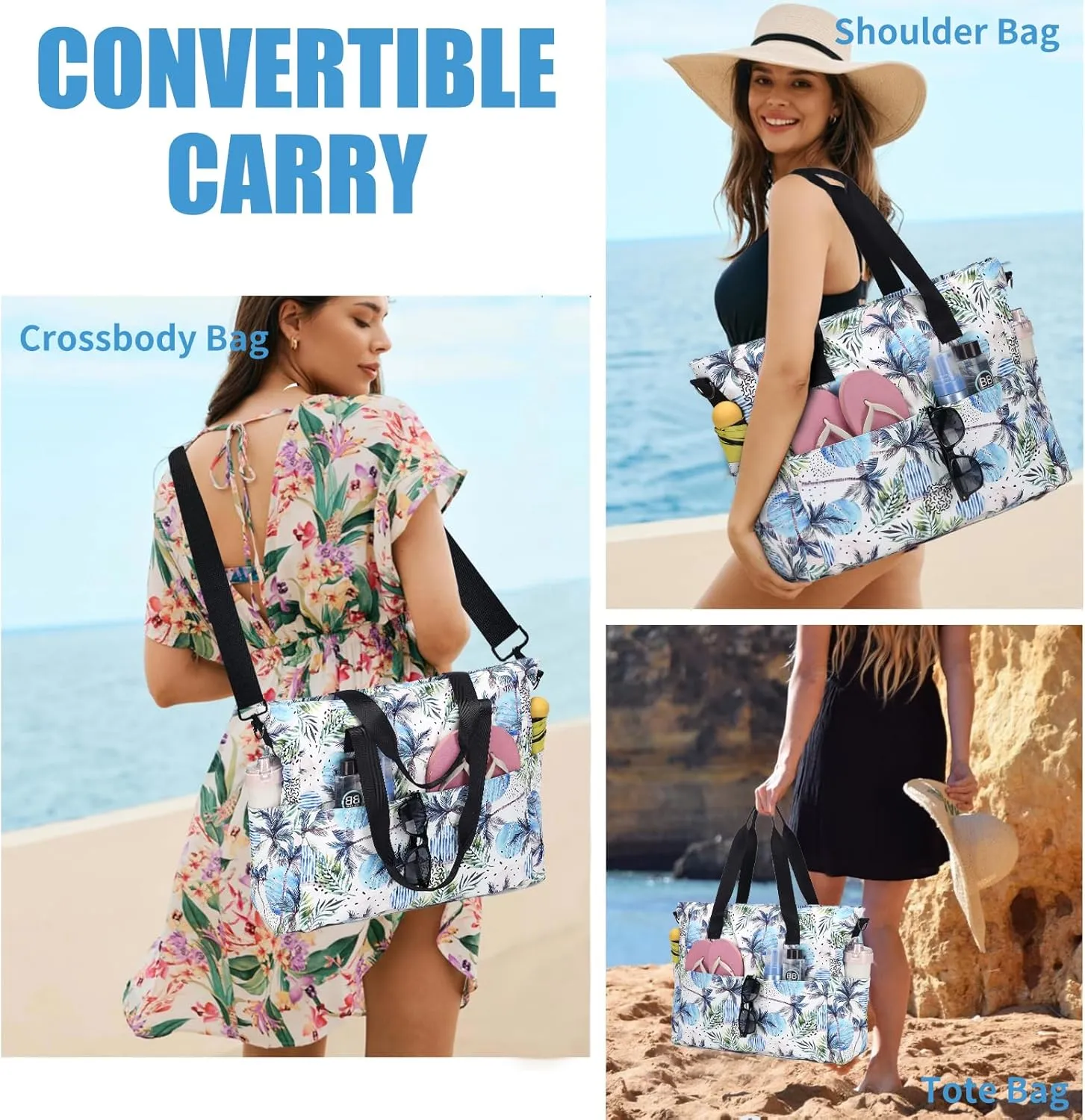 Beach Bags for Women, Large Waterproof Sandproof Swim Pool Bag with Dry Wet Seperated Pocket Utility Tote Bag
