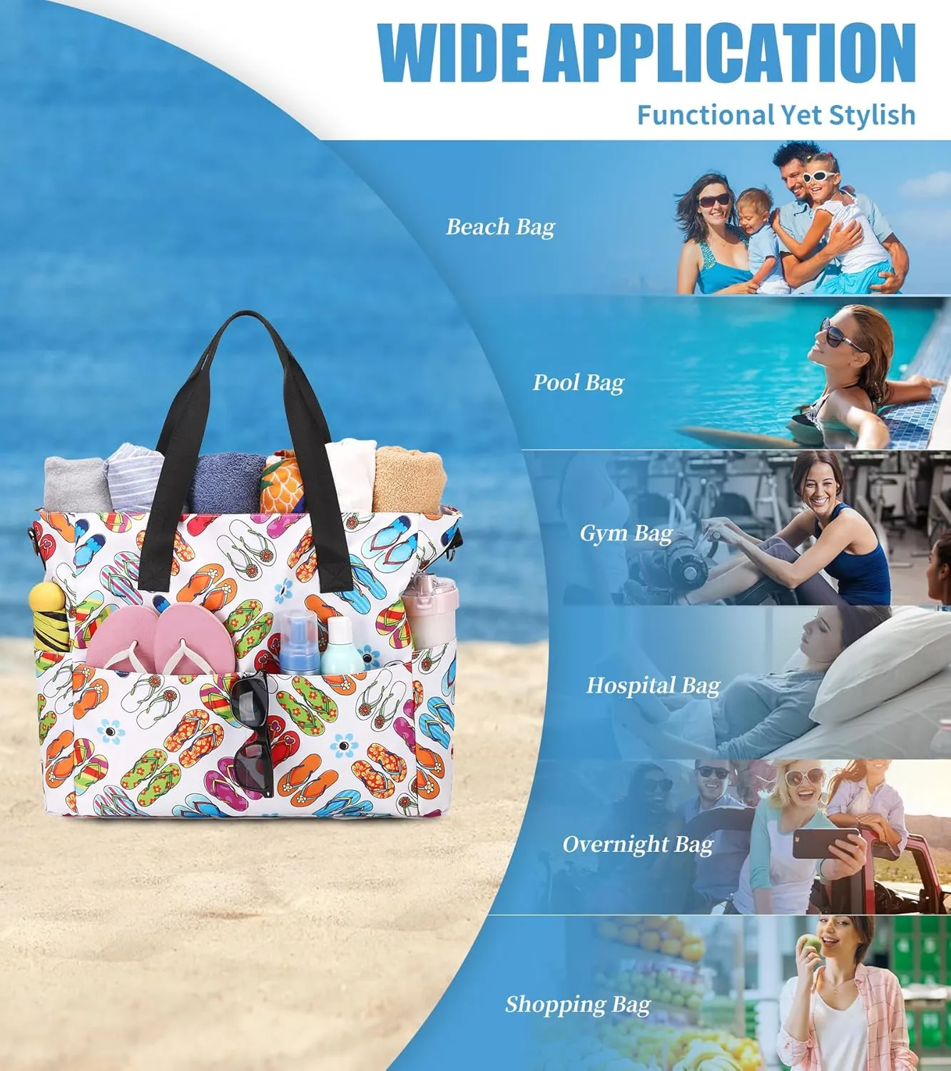 Beach Bags for Women, Large Waterproof Sandproof Swim Pool Bag with Dry Wet Seperated Pocket Utility Tote Bag