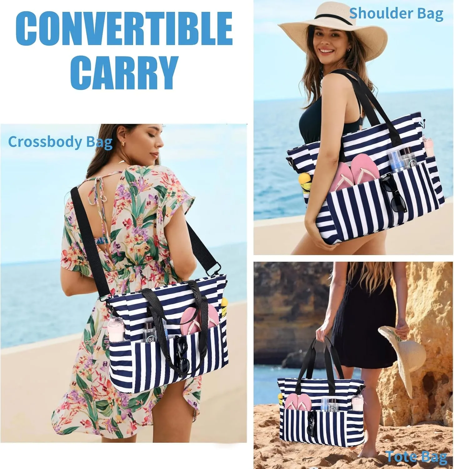Beach Bags for Women, Large Waterproof Sandproof Swim Pool Bag with Dry Wet Seperated Pocket Utility Tote Bag