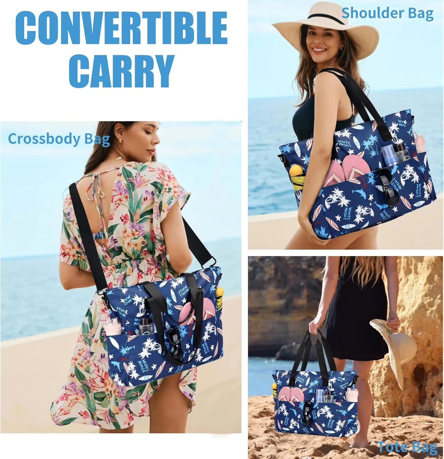 Beach Bags for Women, Large Waterproof Sandproof Swim Pool Bag with Dry Wet Seperated Pocket Utility Tote Bag