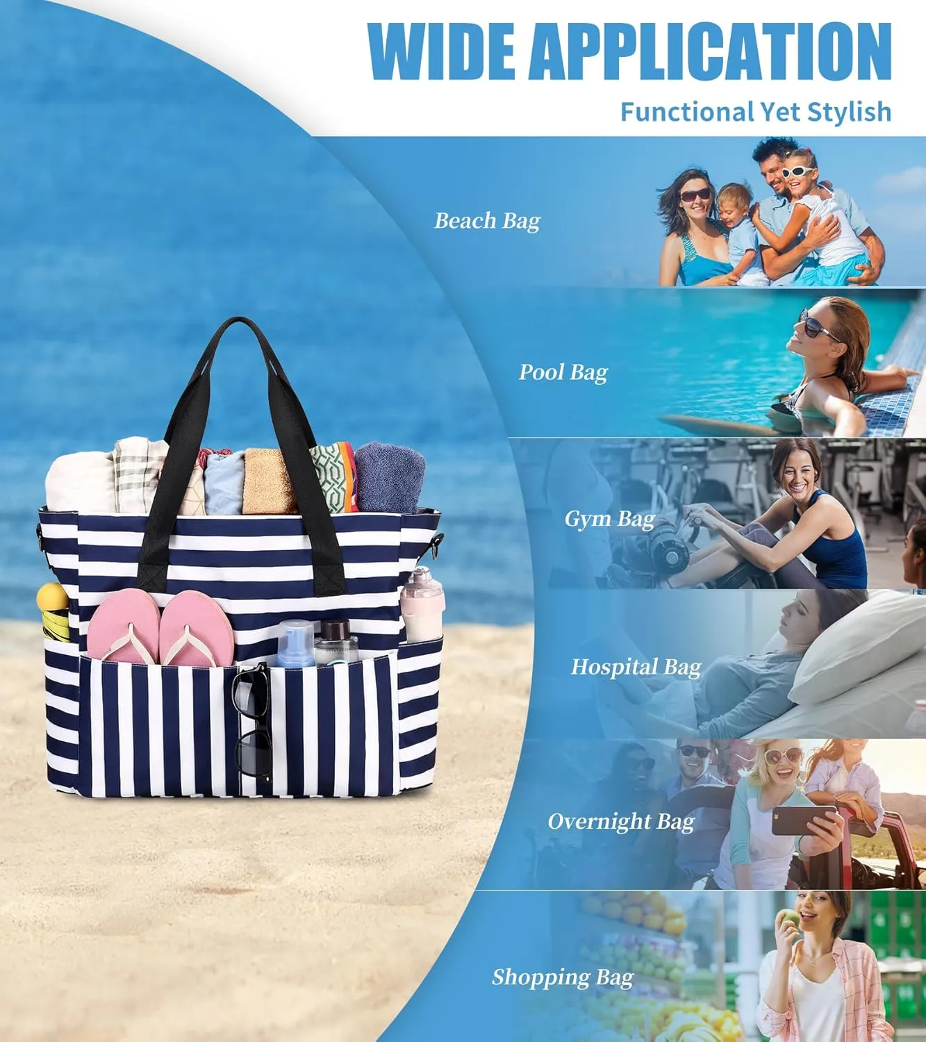 Beach Bags for Women, Large Waterproof Sandproof Swim Pool Bag with Dry Wet Seperated Pocket Utility Tote Bag