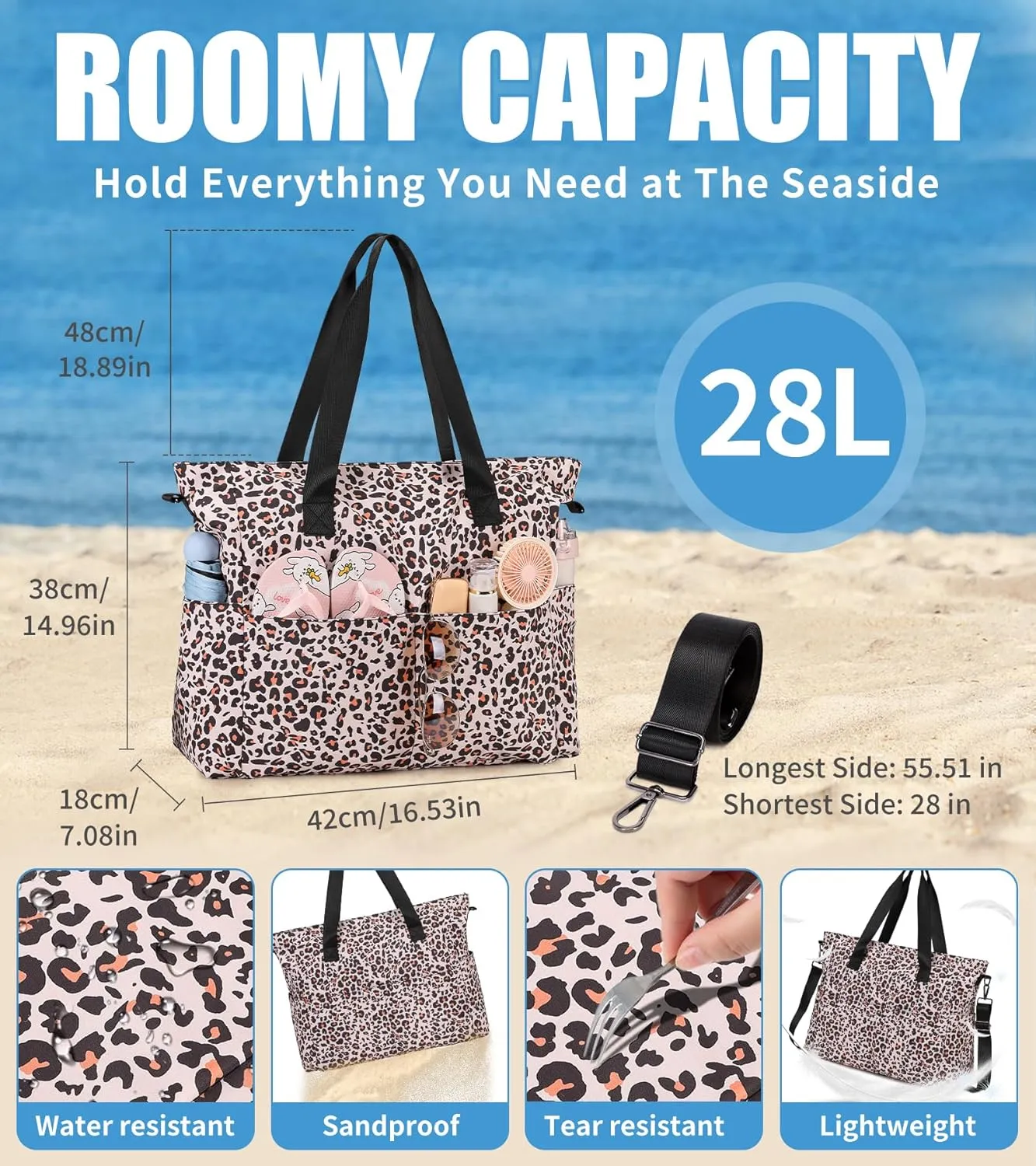 Beach Bags for Women, Large Waterproof Sandproof Swim Pool Bag with Dry Wet Seperated Pocket Utility Tote Bag