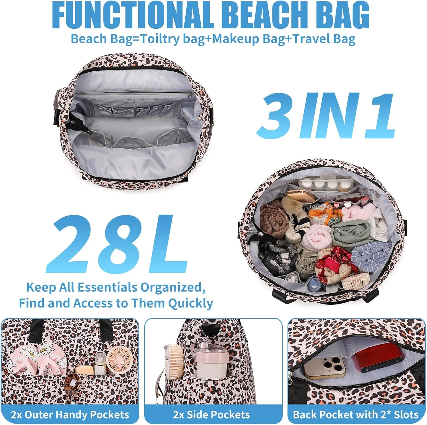 Beach Bags for Women, Large Waterproof Sandproof Swim Pool Bag with Dry Wet Seperated Pocket Utility Tote Bag