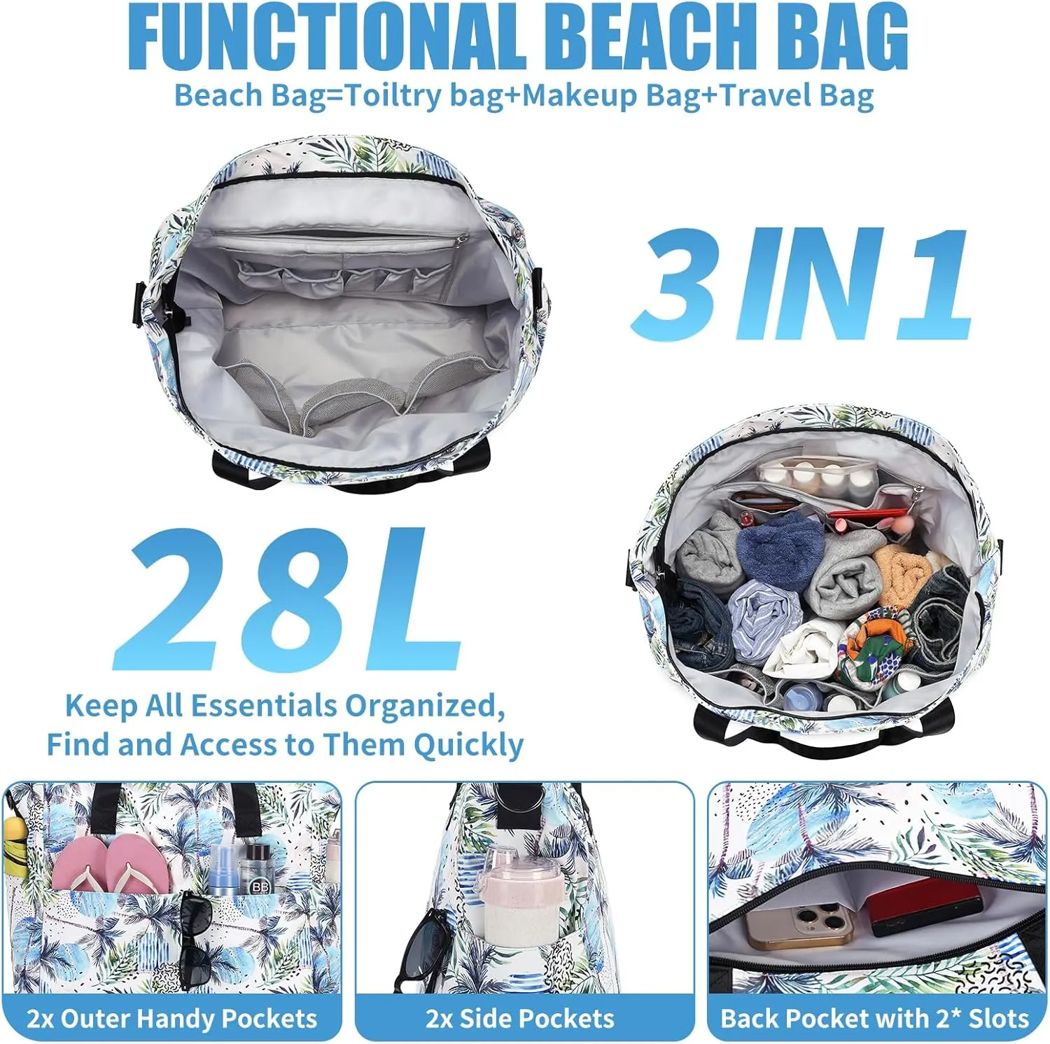 Beach Bags for Women, Large Waterproof Sandproof Swim Pool Bag with Dry Wet Seperated Pocket Utility Tote Bag
