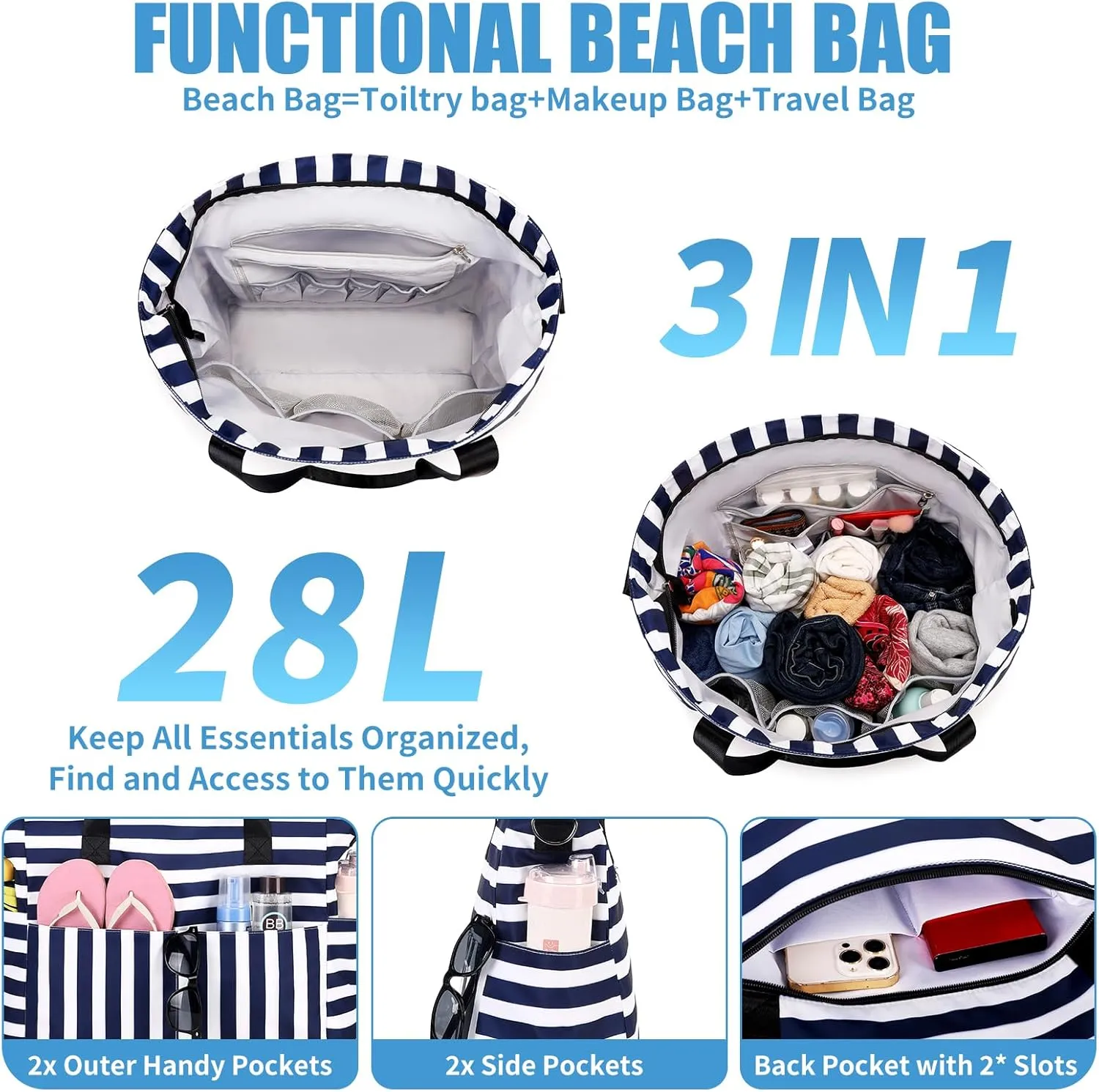 Beach Bags for Women, Large Waterproof Sandproof Swim Pool Bag with Dry Wet Seperated Pocket Utility Tote Bag