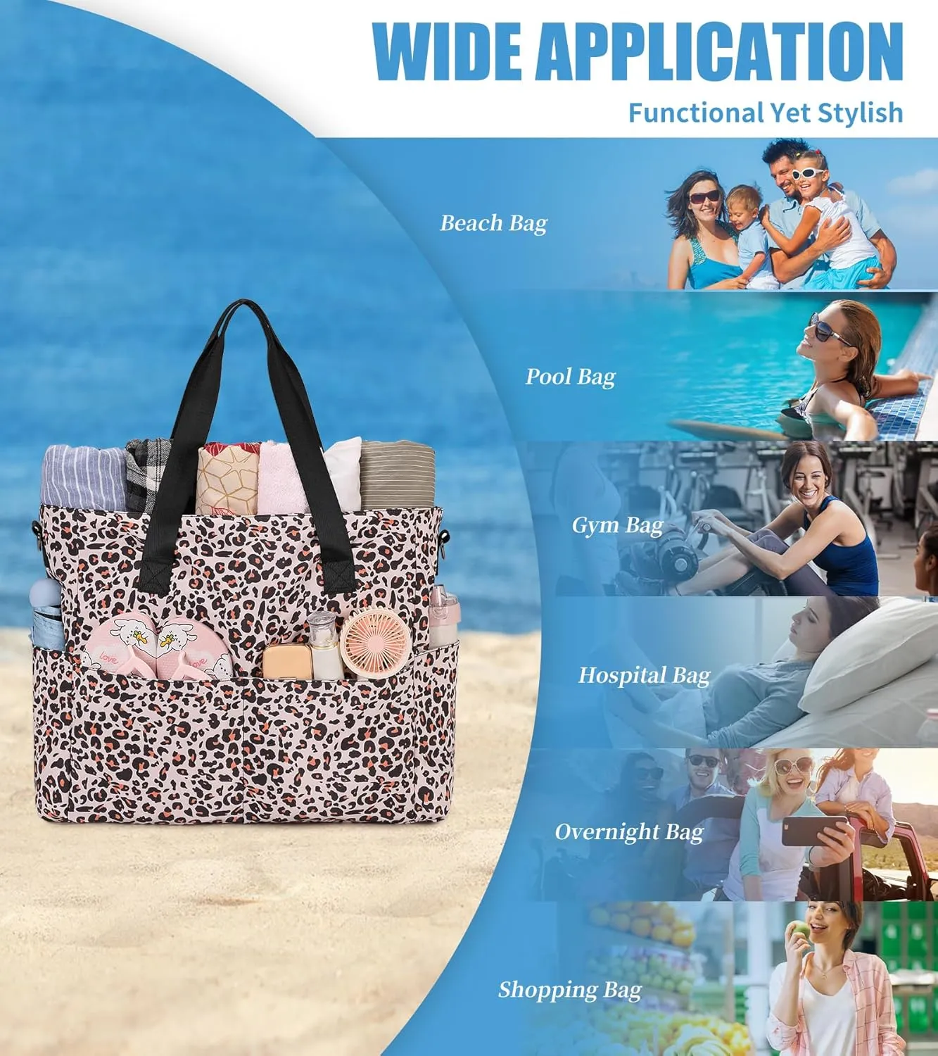 Beach Bags for Women, Large Waterproof Sandproof Swim Pool Bag with Dry Wet Seperated Pocket Utility Tote Bag