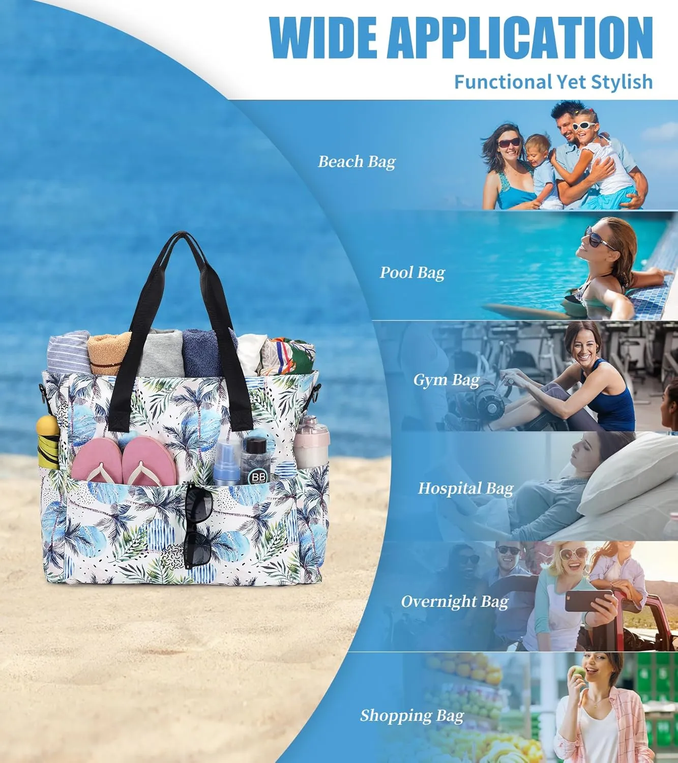 Beach Bags for Women, Large Waterproof Sandproof Swim Pool Bag with Dry Wet Seperated Pocket Utility Tote Bag