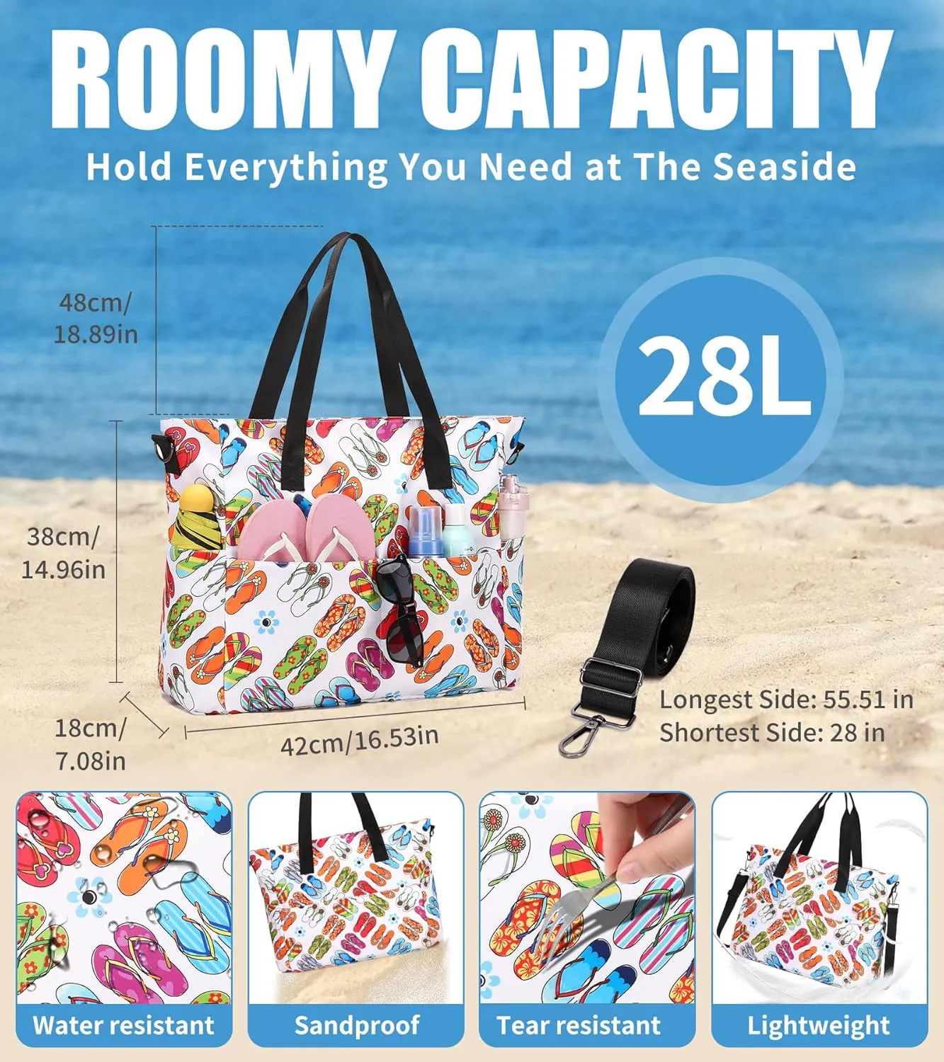 Beach Bags for Women, Large Waterproof Sandproof Swim Pool Bag with Dry Wet Seperated Pocket Utility Tote Bag