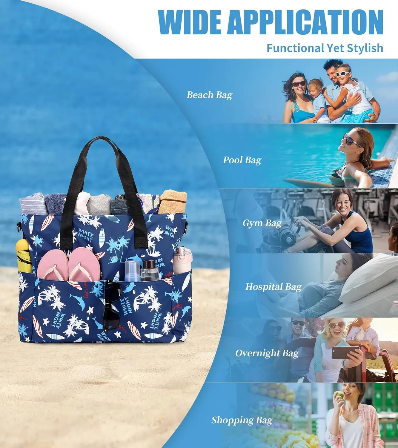 Beach Bags for Women, Large Waterproof Sandproof Swim Pool Bag with Dry Wet Seperated Pocket Utility Tote Bag