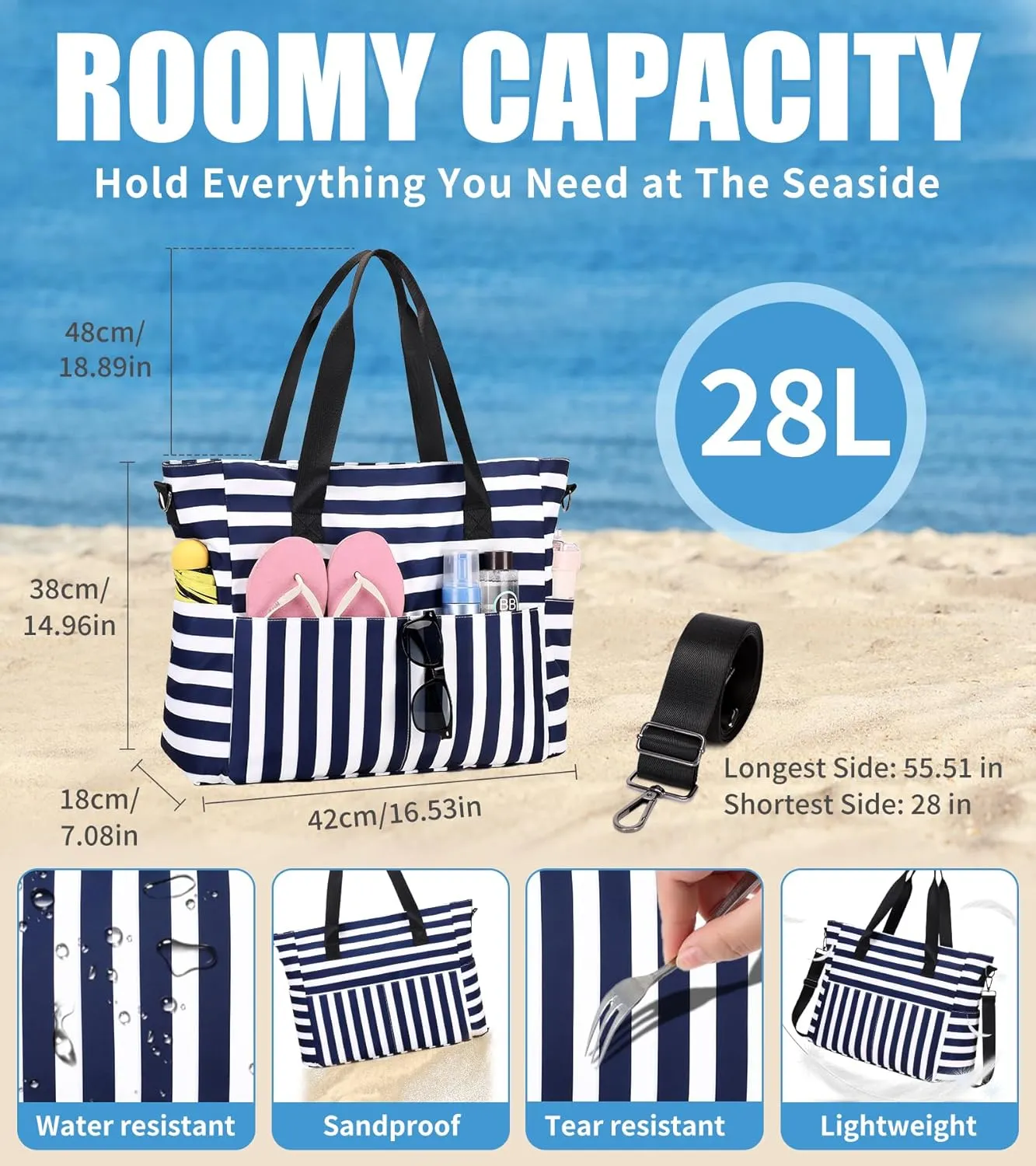 Beach Bags for Women, Large Waterproof Sandproof Swim Pool Bag with Dry Wet Seperated Pocket Utility Tote Bag
