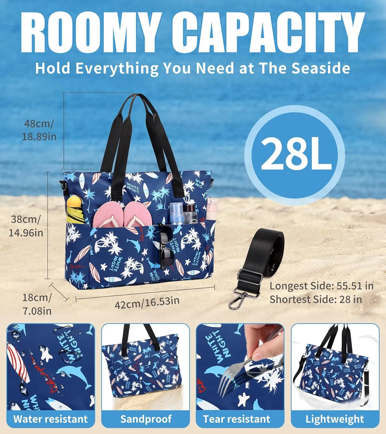 Beach Bags for Women, Large Waterproof Sandproof Swim Pool Bag with Dry Wet Seperated Pocket Utility Tote Bag