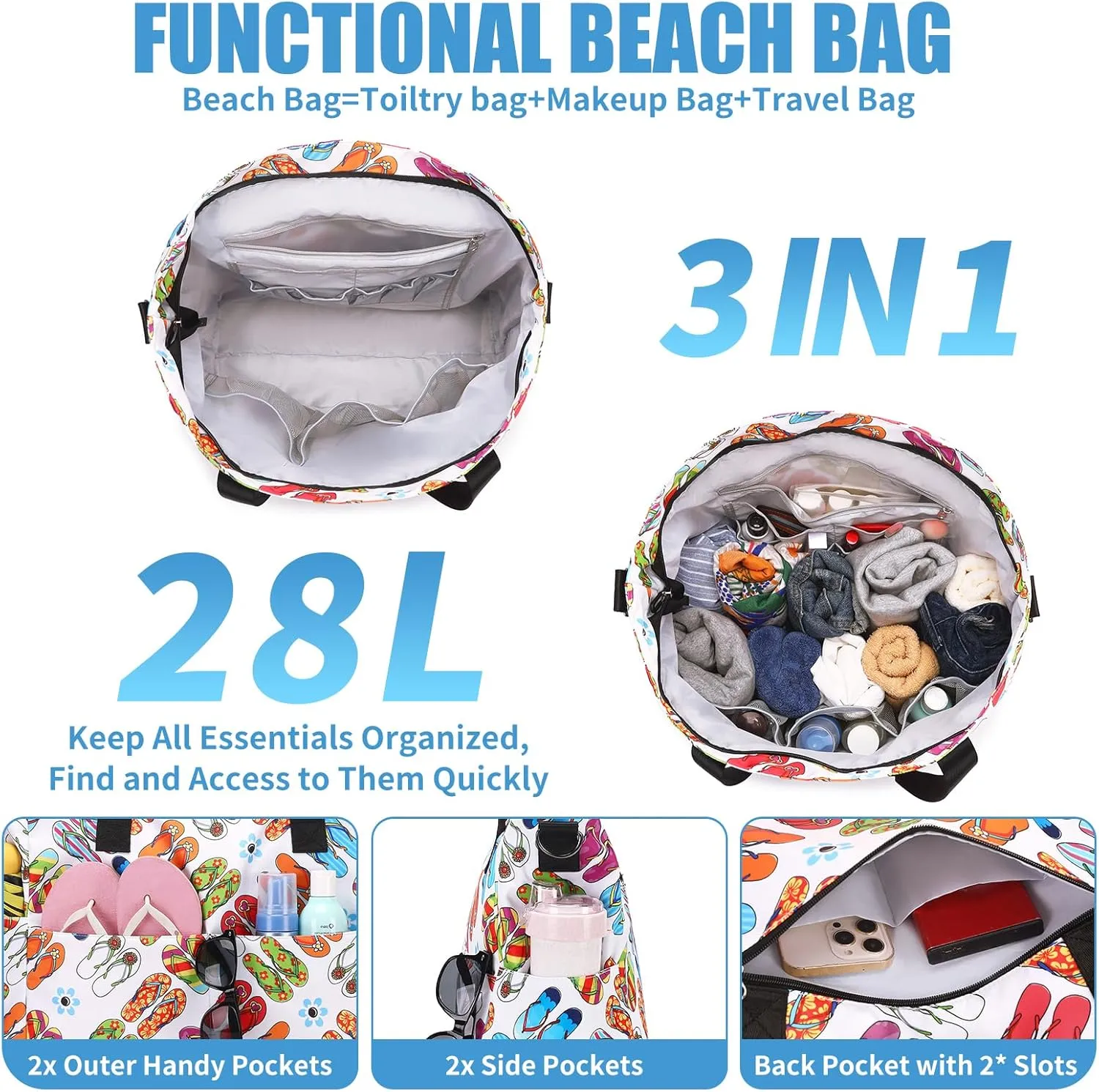 Beach Bags for Women, Large Waterproof Sandproof Swim Pool Bag with Dry Wet Seperated Pocket Utility Tote Bag