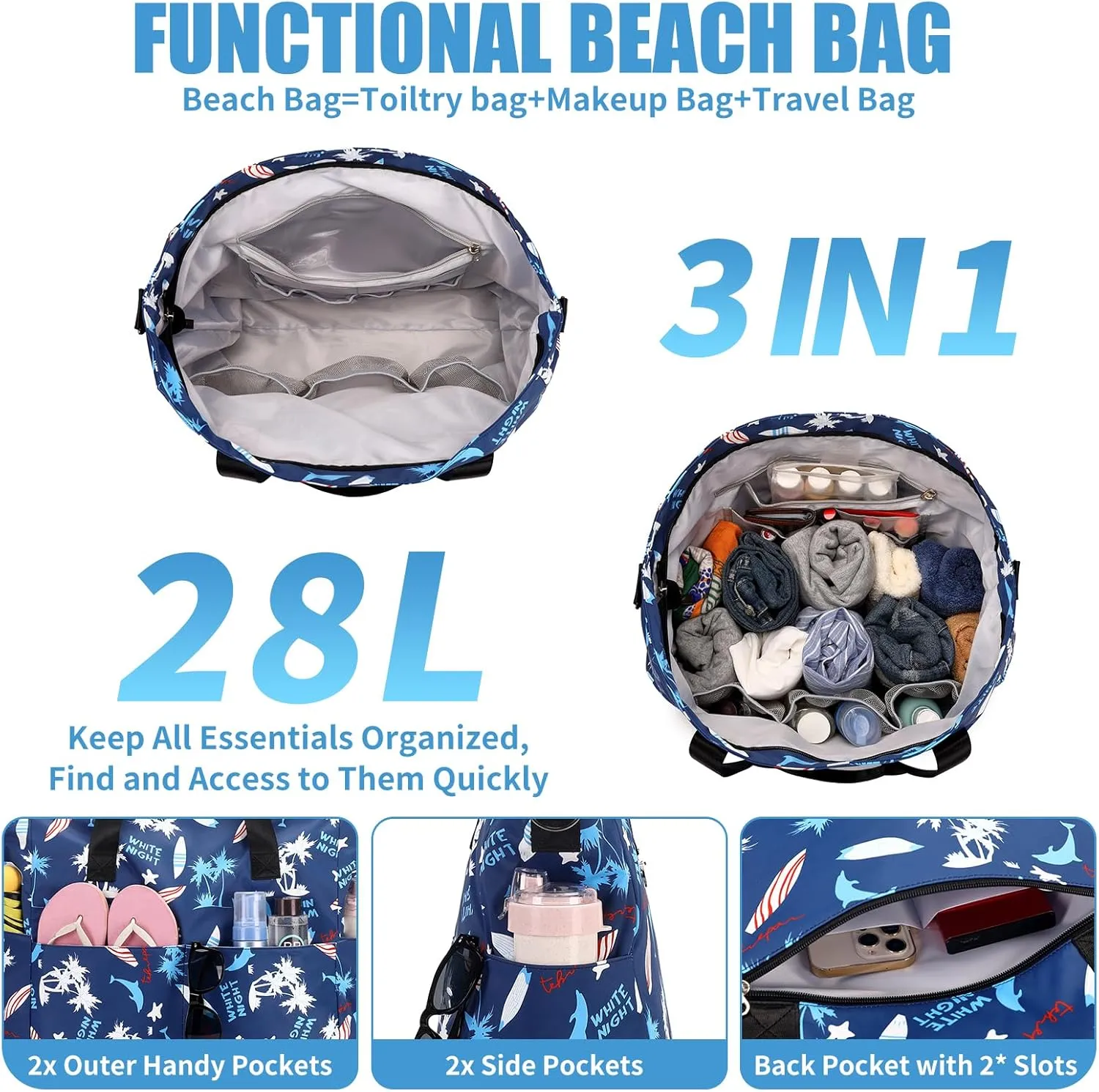 Beach Bags for Women, Large Waterproof Sandproof Swim Pool Bag with Dry Wet Seperated Pocket Utility Tote Bag