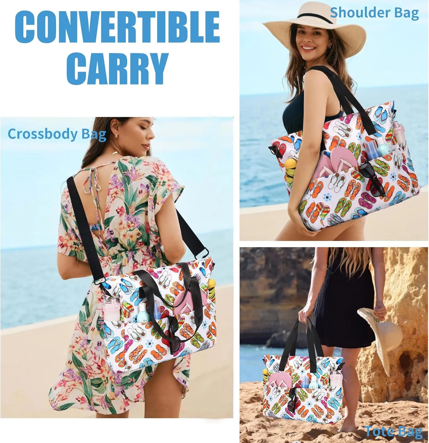 Beach Bags for Women, Large Waterproof Sandproof Swim Pool Bag with Dry Wet Seperated Pocket Utility Tote Bag