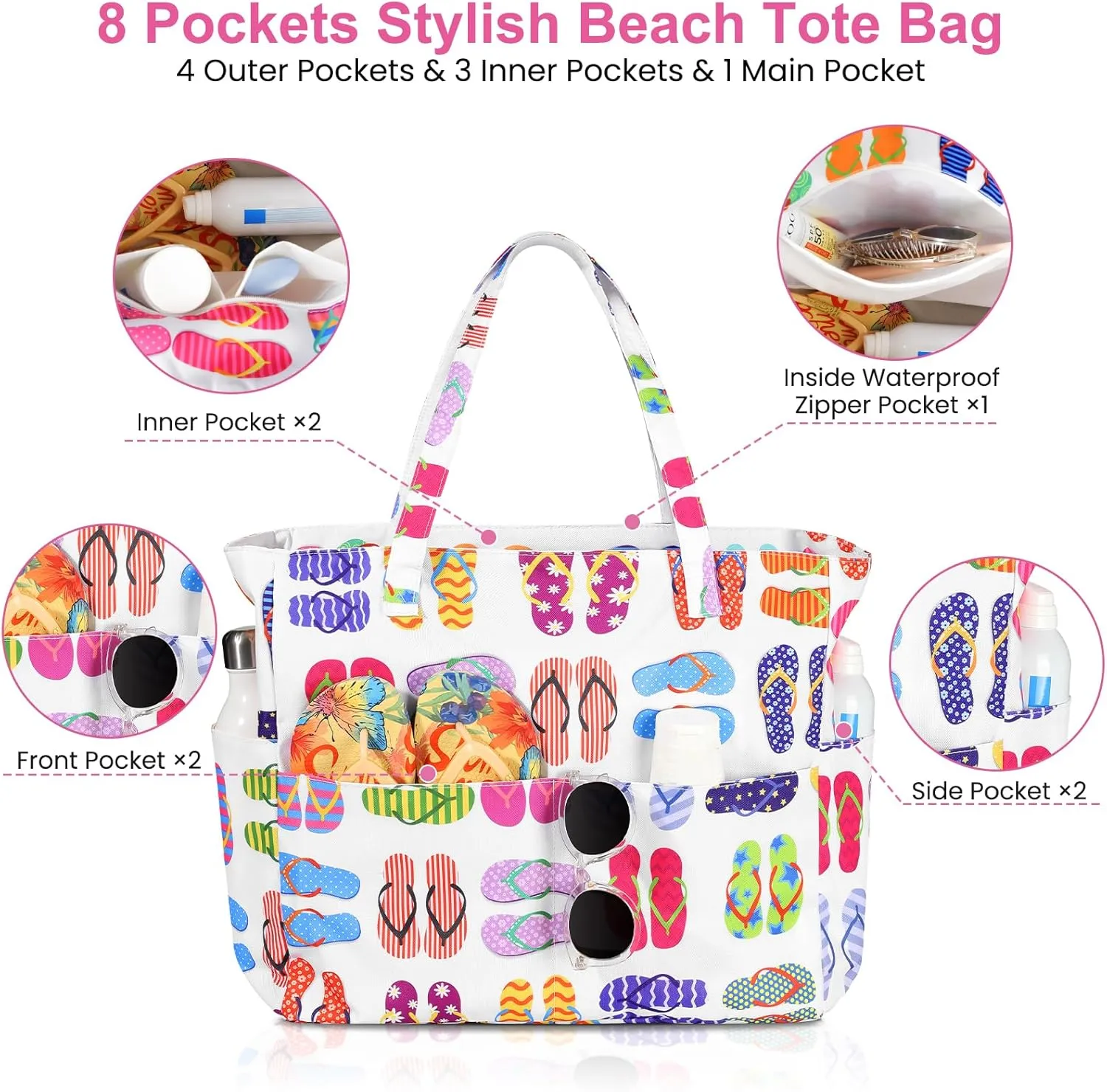 Beach Bags for Women Waterproof Sandproof Women Tote Bag, Large Beach Bag with Zipper for Gym Travel Vocation