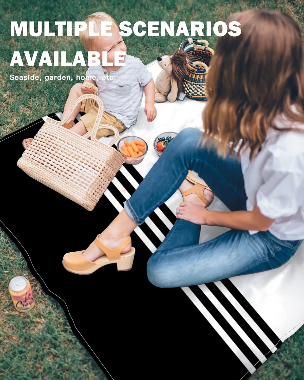 Beach Blanket Black White Stripes Sandproof Waterproof Beach Mat Geometry Minimalist Sand Free Mat Quick Drying Beach Essentials for Vacation Lightweight with 4 Stakes & Corner Pockets 118"x108"