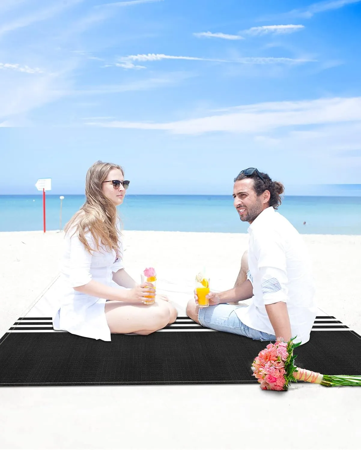 Beach Blanket Black White Stripes Sandproof Waterproof Beach Mat Geometry Minimalist Sand Free Mat Quick Drying Beach Essentials for Vacation Lightweight with 4 Stakes & Corner Pockets 118"x108"