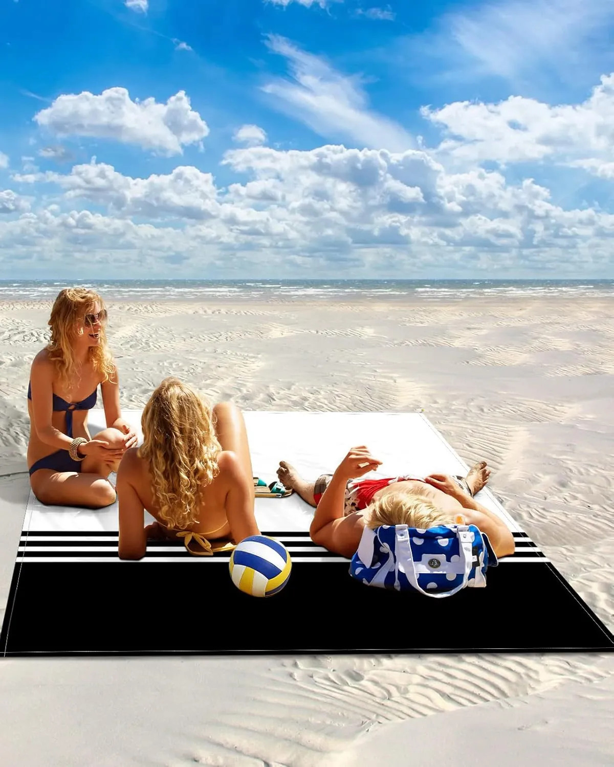 Beach Blanket Black White Stripes Sandproof Waterproof Beach Mat Geometry Minimalist Sand Free Mat Quick Drying Beach Essentials for Vacation Lightweight with 4 Stakes & Corner Pockets 118"x108"