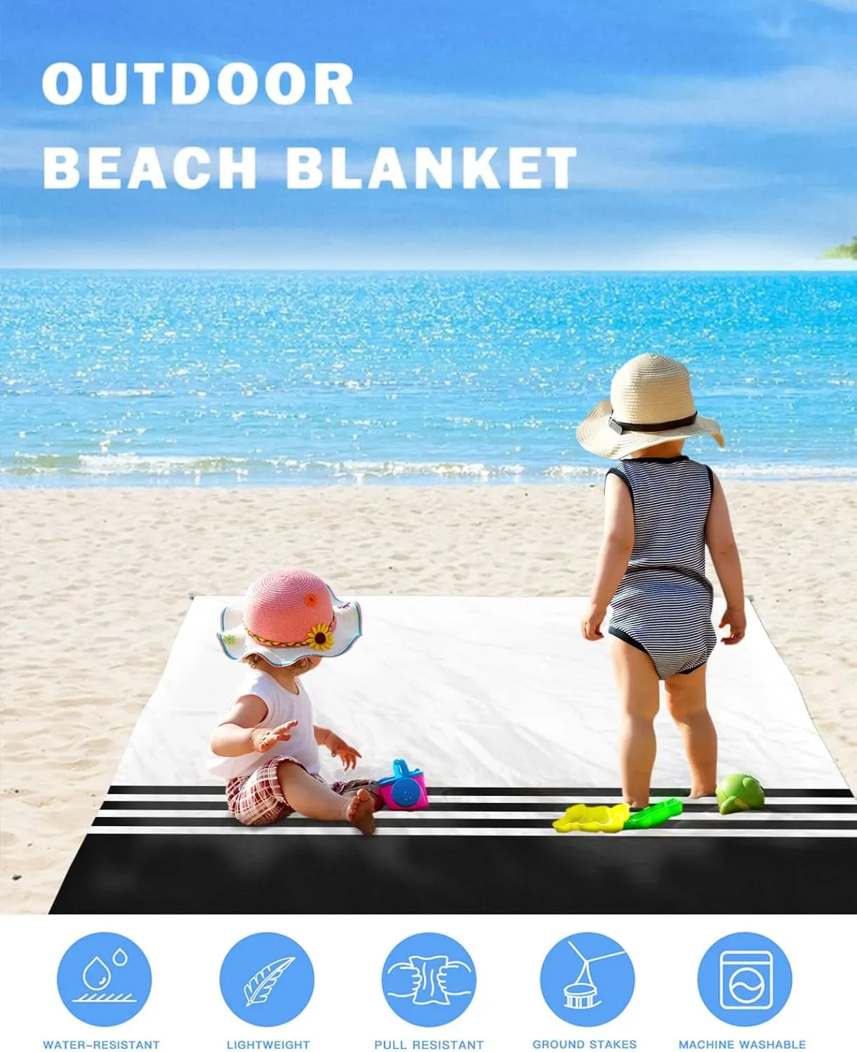 Beach Blanket Black White Stripes Sandproof Waterproof Beach Mat Geometry Minimalist Sand Free Mat Quick Drying Beach Essentials for Vacation Lightweight with 4 Stakes & Corner Pockets 118"x108"