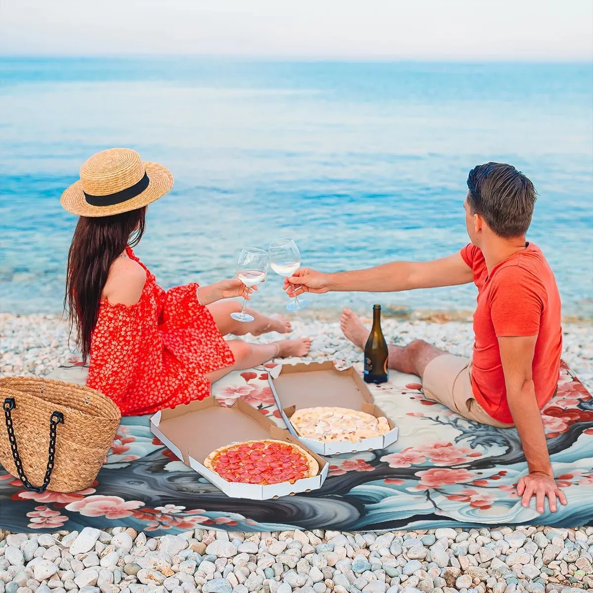 Beach Blanket, Cherry Sandproof Beach Mat, Waterproof Quick Drying Sand Free Mat with 4 x Ground Spikes for Outdoor Travel Camping Hiking, Japanese Weeping Flower 68 x 59 in