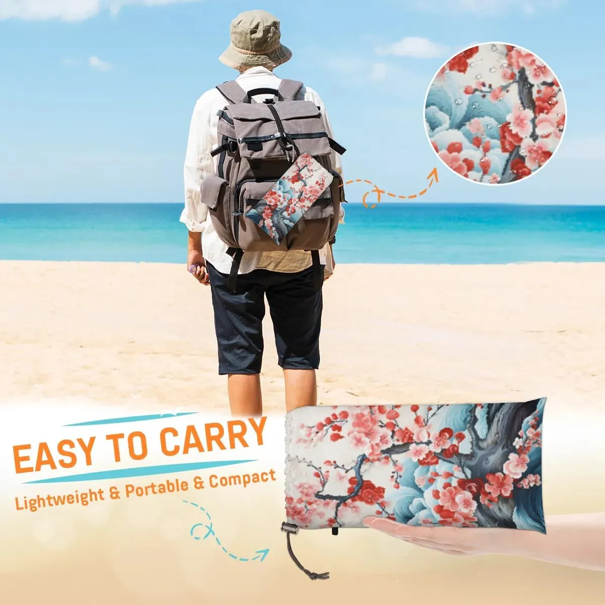 Beach Blanket, Cherry Sandproof Beach Mat, Waterproof Quick Drying Sand Free Mat with 4 x Ground Spikes for Outdoor Travel Camping Hiking, Japanese Weeping Flower 68 x 59 in
